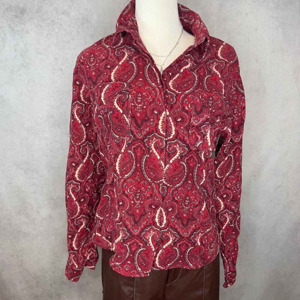 100% Cotton Red Corduroy Paisley Print Button Down Western Shirt Medium Fit